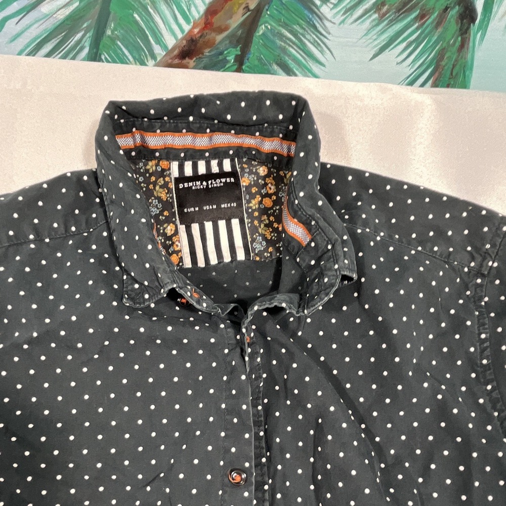Denim & Flower Ricky Singh Men's Woven Black White Polka Dot Button-Up Shirt M - Picture 4 of 8
